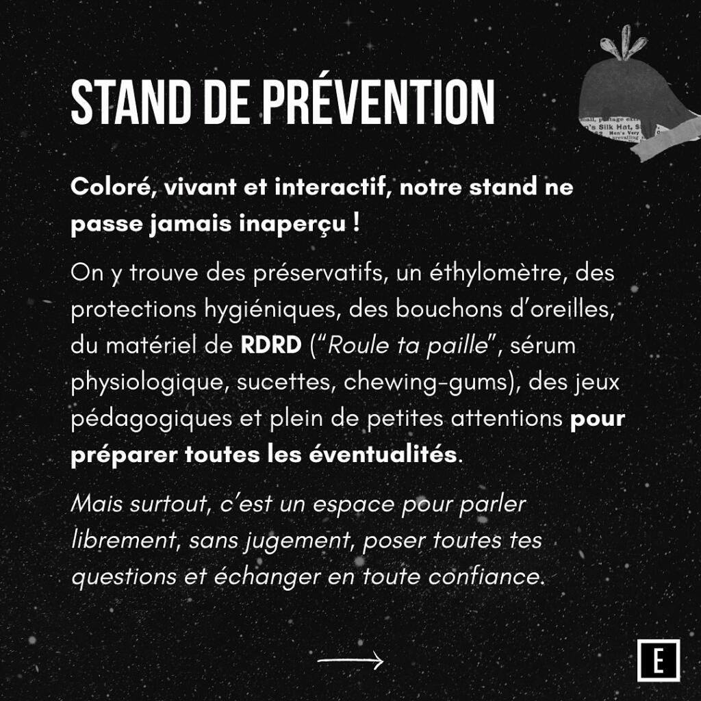 Bénévoles Eclipshead en maraude mobile dans le public pour veiller et sensibiliser aux violences et risques.