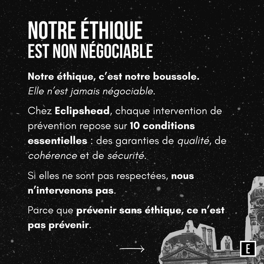 Bénévole Eclipshead intervenant sur un événement avec éthique et prévention responsable contre les violences sexistes et sexuelles.