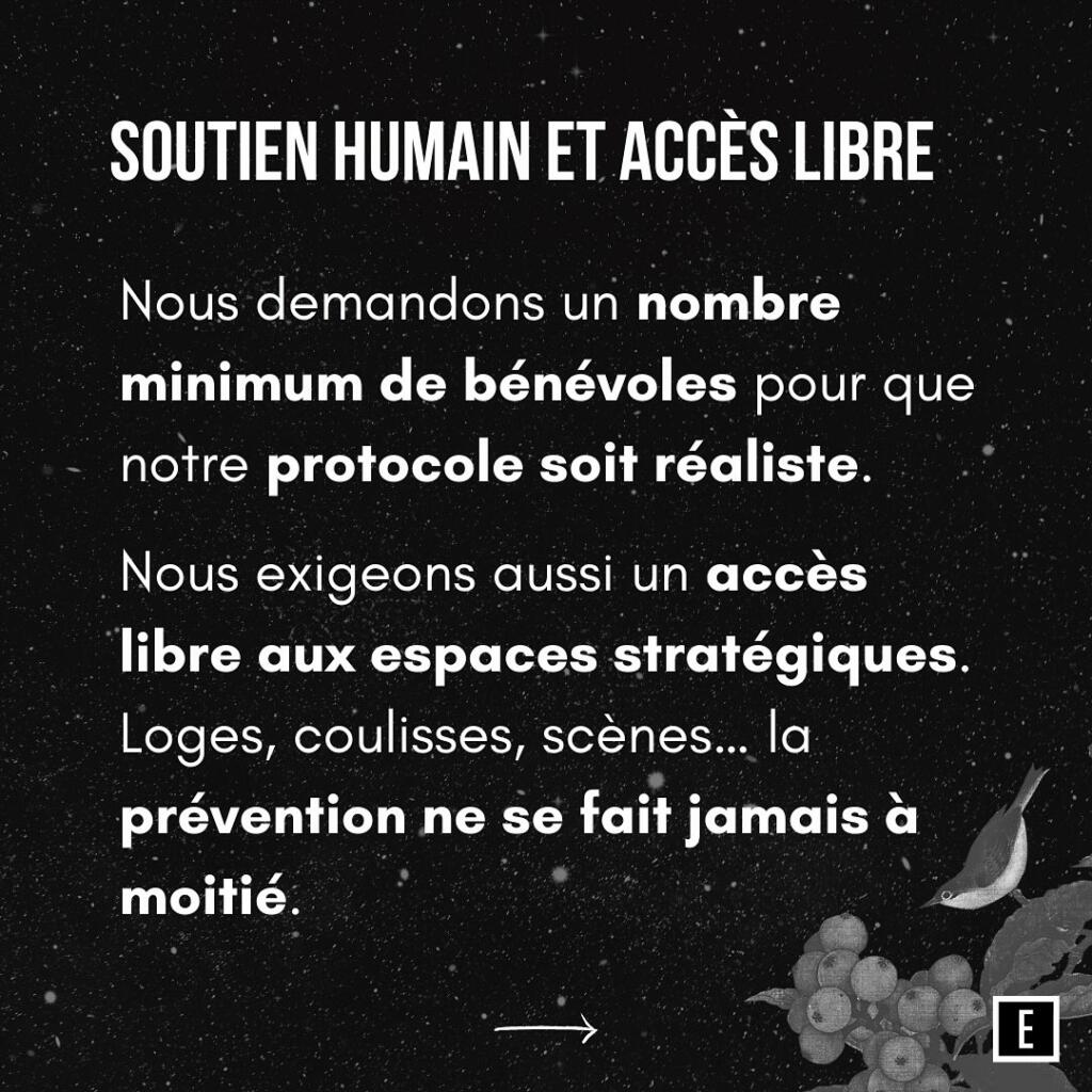 Bénévoles Eclipshead discutant avec les organisateur·ices pour garantir l’éthique et la sécurité sur l’événement.
