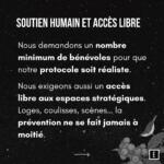 Bénévoles Eclipshead discutant avec les organisateur·ices pour garantir l’éthique et la sécurité sur l’événement.