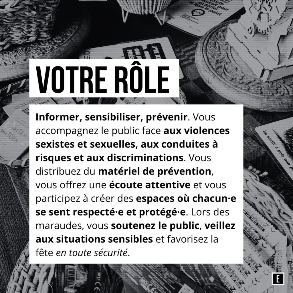 Distribution par Eclipshead de bouchons d’oreille, préservatifs et protections menstruelles pour la prévention.