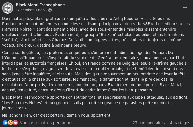 Capture écran de la page Facebook Black Metal Francophone